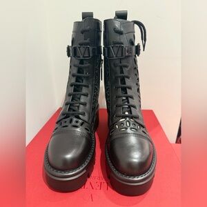 Valentino Black Leather Lace-Up Boots